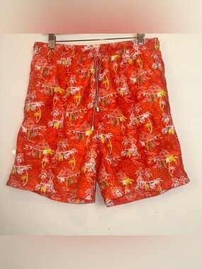 Peter Millar Swimsuit Trunks Mens Orange Hawaiian Aloha Drawstring Vacation Y2K